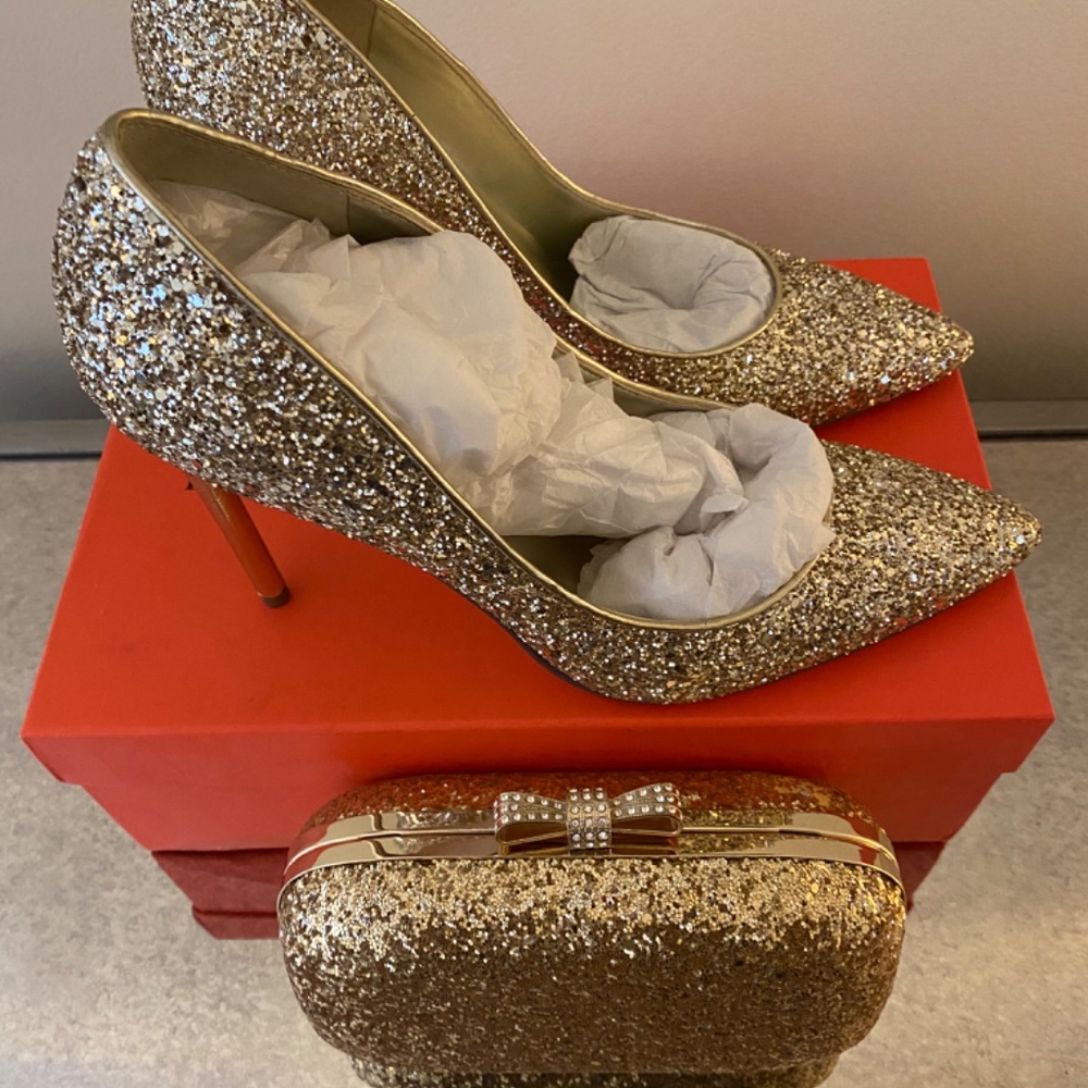 Ivanka Trump, Keydena Gold Glitter Stiletto & Clutch Set, Sz 9.5 - Picture 3 of 8
